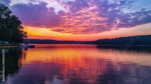 Photograph a sunset sky filled with vibrant hues of pink, orange, and purple, with scattered clouds reflecting the colors and adding depth to the scene."