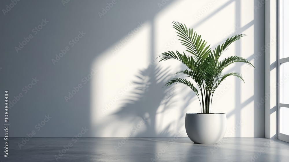 A serene indoor space featuring a potted plant casting shadows from a large window. A serene indoor space featuring a potted plant casting shadows from a large window.