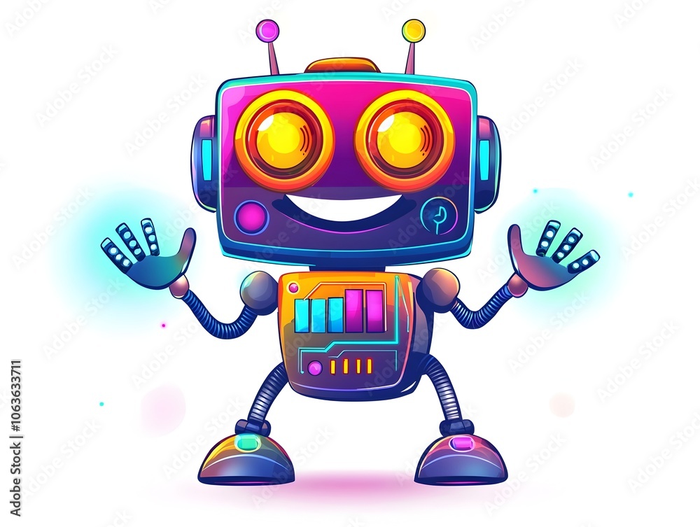 Playful Cartoon Robot with Gears Waving in Vibrant on White Background Playful Cartoon Robot with Gears Waving in Vibrant on White Background