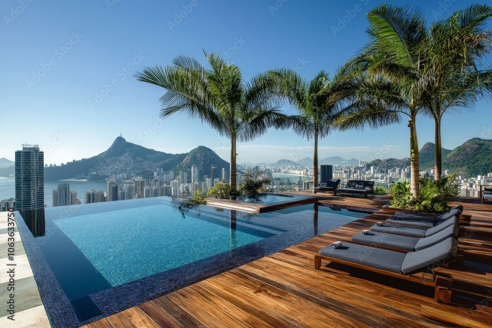 An infinity pool surrounded by palm trees with a breathtaking view of coastal mountains and a sprawling cityscape under a clear blue sky, perfect for relaxation and luxury. An infinity pool surrounded by palm trees with a breathtaking view of coastal mountains and a sprawling cityscape under a clear blue sky, perfect for relaxation and luxury.