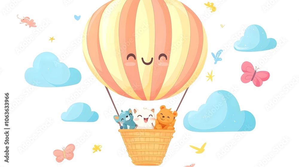 Cheerful Hot Air Balloon with Adorable Animals on a Whimsical Adventure Cheerful Hot Air Balloon with Adorable Animals on a Whimsical Adventure