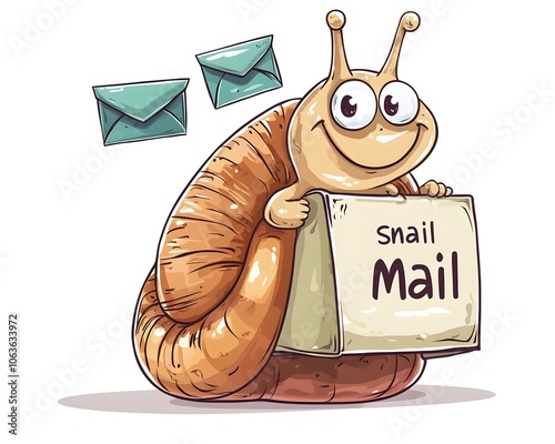 Cheerful Cartoon Snail Delivering Tiny Envelopes in Mailbox on Its Back