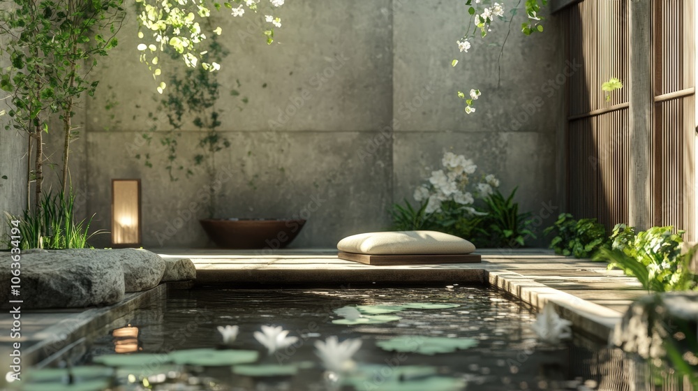 Zen garden with a pond, cushion, and plants. Zen garden with a pond, cushion, and plants.