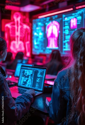 Two people working on laptops in a dimly lit room with a large screen displaying anatomical images photo