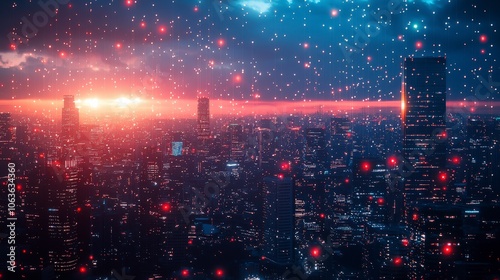 A captivating sunset over a digitalized cityscape filled with glowing elements, melding the natural beauty of dusk with future-forward urban enhancements. photo