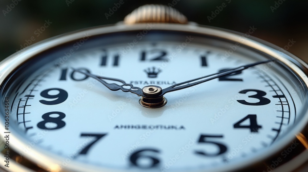 A clock with black numbers on the dial hangs on a blank wall, with hands and hour markers. A clock with black numbers on the dial hangs on a blank wall, with hands and hour markers.