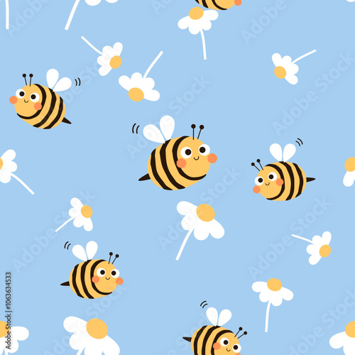 Seamless pattern with bee cartoons and flying flower on blue sky background vector.