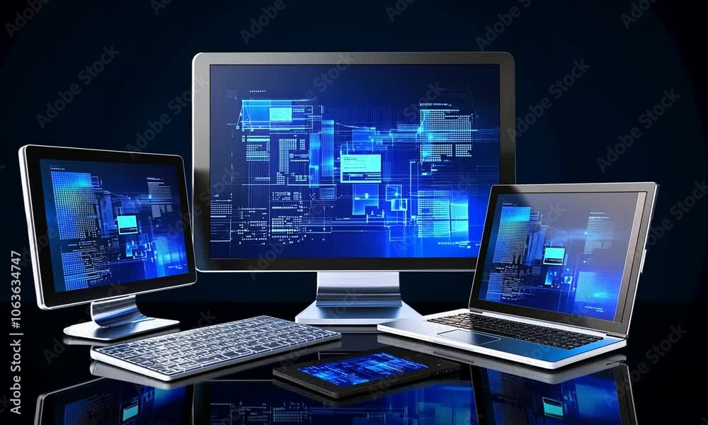 Desktop, Laptop, Tablet, and Keyboard with Abstract Blue Digital Designs Desktop, Laptop, Tablet, and Keyboard with Abstract Blue Digital Designs