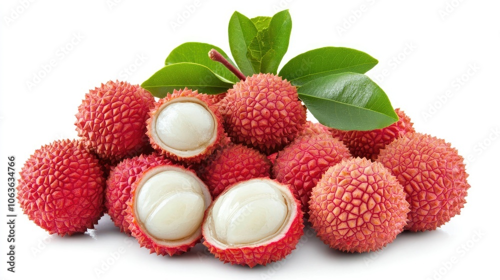Whole and peeled lychees with textured red skin, isolated on a white background, showcasing their fresh, juicy appearance. Whole and peeled lychees with textured red skin, isolated on a white background, showcasing their fresh, juicy appearance.