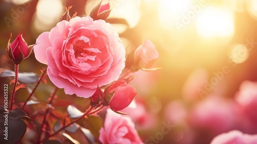 A close-up of a pink rose with buds, illuminated by warm sunlight in a garden setting.