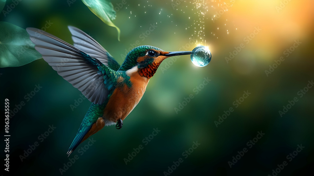 Naklejka premium A vibrant hummingbird hovering with a raindrop, surrounded by lush greenery and warm sunlight.