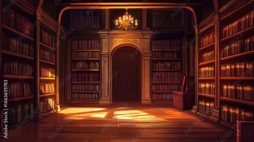 A warm, inviting library with wooden shelves, books, and a chandelier, perfect for reading and relaxation. A warm, inviting library with wooden shelves, books, and a chandelier, perfect for reading and relaxation.