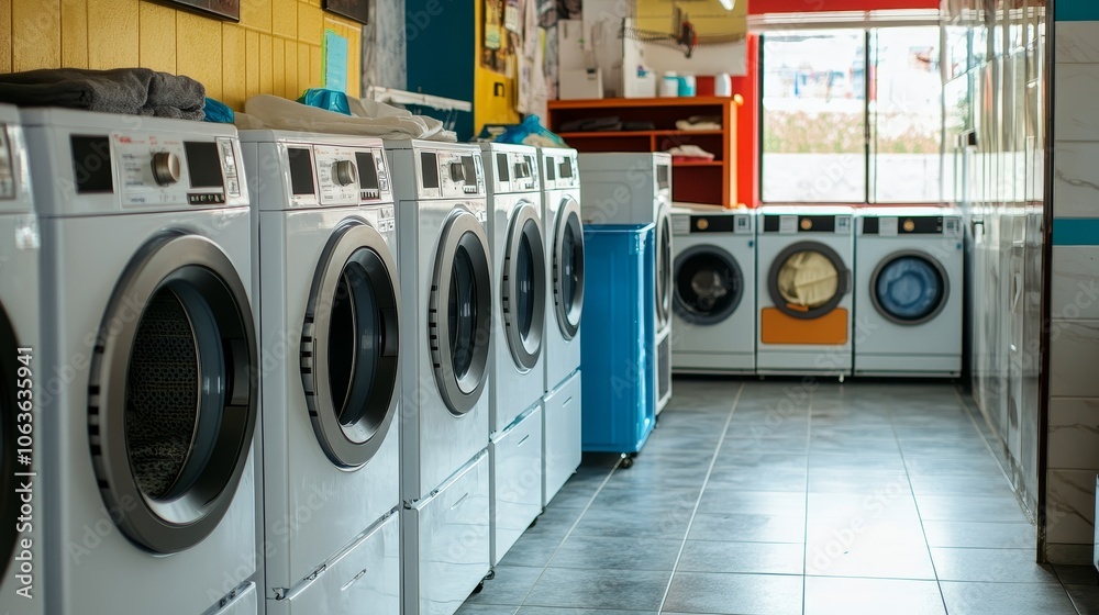 A clean and organized laundry facility with washing machines and dryers lined up for use. A clean and organized laundry facility with washing machines and dryers lined up for use.