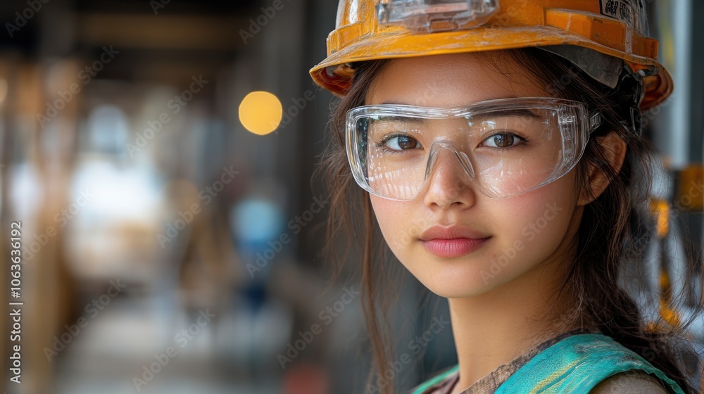 A young woman construction worker in a hard hat and safety glasses looks directly at the camera. A young woman construction worker in a hard hat and safety glasses looks directly at the camera.