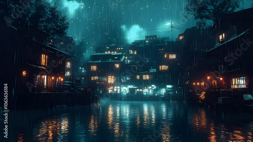 Rainy Night Cityscape Illus...