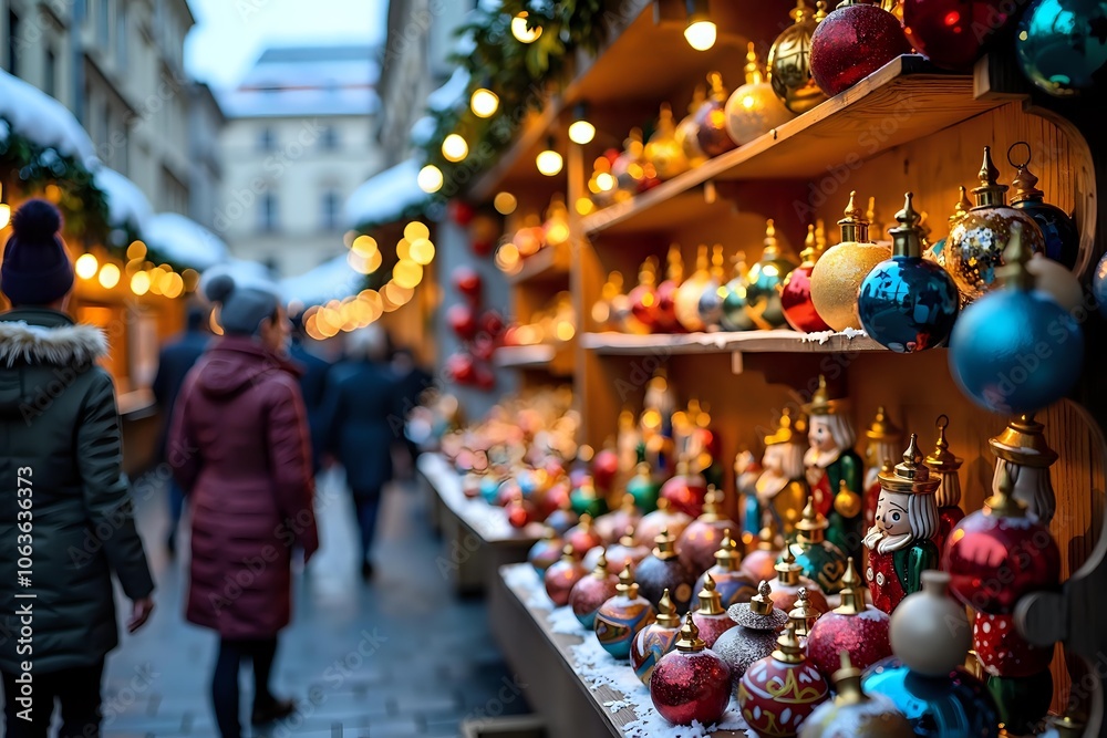 Fototapeta premium A vibrant photo of a Christmas market stand in Prague, showcasing handmade Czech ornaments, colorful glass balls, nutcrackers, and straw stars, illuminated by warm lights in the evening atmosphere