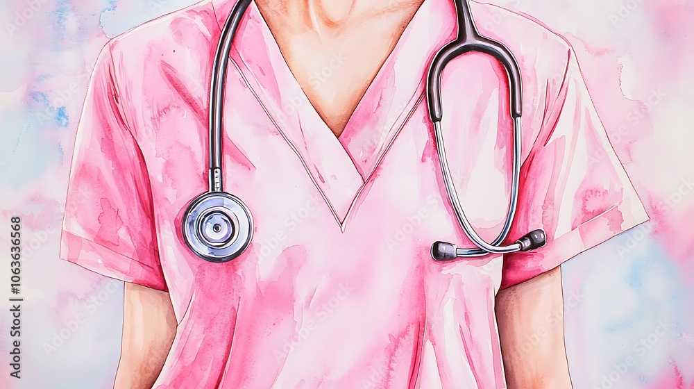 Close up of a beautifully detailed watercolor painting showing a nurses pink scrub shirt adorned with a stethoscope, capturing the essence of healthcare professionals with a soft, artistic touch. Close up of a beautifully detailed watercolor painting showing a nurses pink scrub shirt adorned with a stethoscope, capturing the essence of healthcare professionals with a soft, artistic touch.