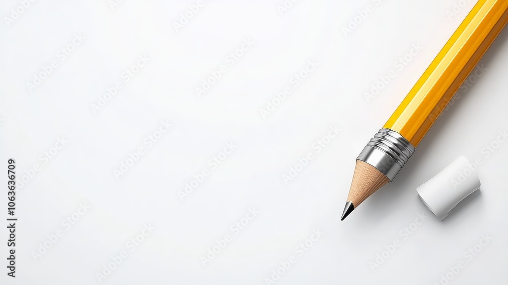 Pencil & Eraser on White: A yellow pencil with an eraser lies on a white surface, ready for inspiration and creativity. The minimalist composition evokes a sense of calm and focus.