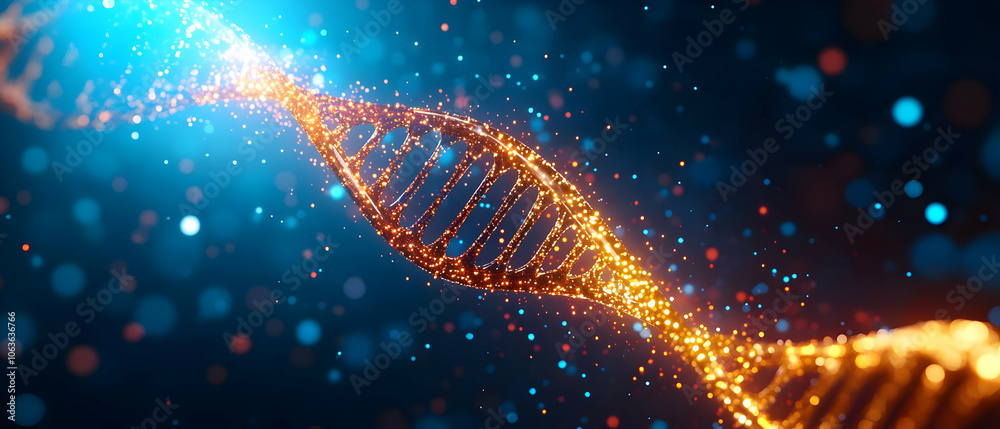Colorful DNA strand with glowing particles on a dark background, illustrating genetic concepts. Colorful DNA strand with glowing particles on a dark background, illustrating genetic concepts.
