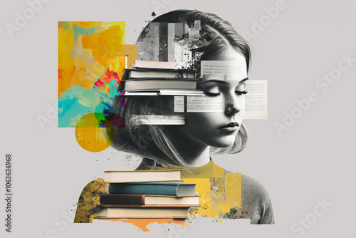 Knowledge and science girl with books artistic graphic collage