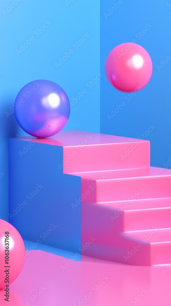 A vibrant, abstract scene featuring colorful spheres and stairs in a playful geometric arrangement. A vibrant, abstract scene featuring colorful spheres and stairs in a playful geometric arrangement.