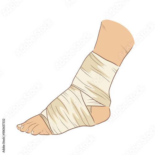 Bandaged ankle in flat design. Injured human foot with bandage dressing. Vector illustration isolated.