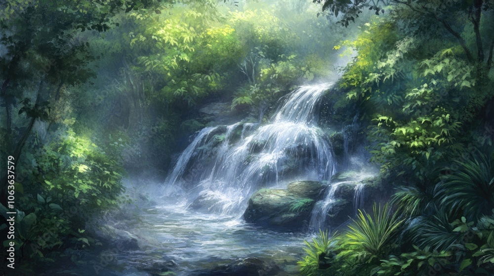 A cascading waterfall hidden in the heart of a green landscape, with mist and sunlight giving the scene an enchanted feel. A cascading waterfall hidden in the heart of a green landscape, with mist and sunlight giving the scene an enchanted feel.