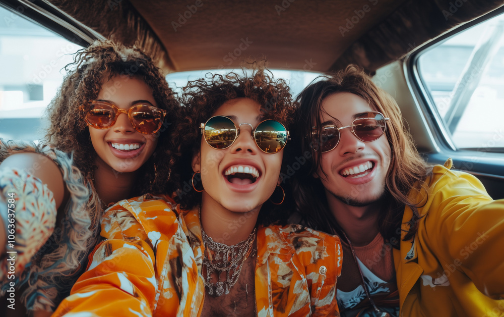 Fototapeta premium Group of friends enjoying a road trip adventure in a car