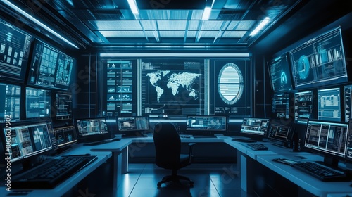 an advanced cybersecurity control room with multiple monitors displaying real-time global data, intricate digital maps and symbols, a high-tech desk setup, cool blue lighting