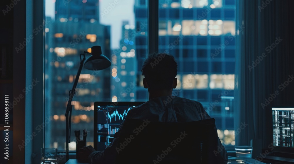 A man is sitting at a desk in front of a computer monitor A man is sitting at a desk in front of a computer monitor