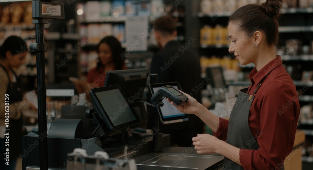 Cashier scanning items at busy grocery store checkout counter Cashier scanning items at busy grocery store checkout counter