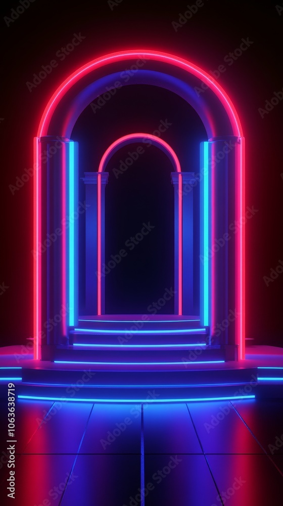 Neon-lit archways with steps create a futuristic and vibrant atmosphere. Neon-lit archways with steps create a futuristic and vibrant atmosphere.