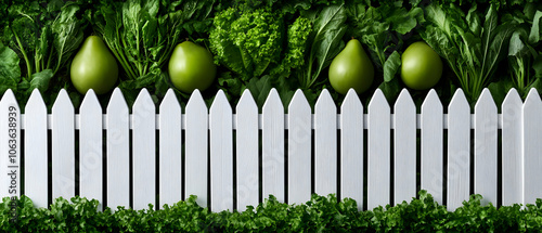 Fresh greens and avocados arranged with a white picket fence, perfect for healthy living concepts.