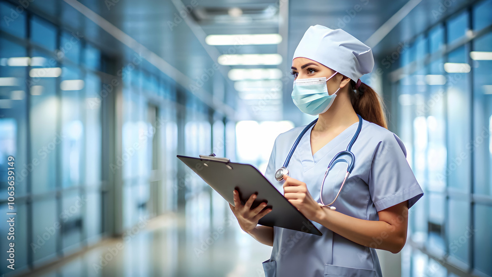 Nurse with clipboard in a hospital corridor. Nurse with clipboard in a hospital corridor.