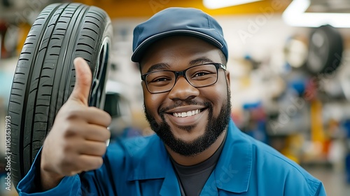 Smiling technician wearing a cap confidently holds up a police car tire in a garage while giving a thumbs up sign. Captured with a Canon EOS R6 Mark II Mirrorless camera at f/5.0 aperture. photo