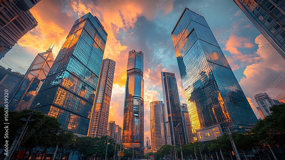Explore stunning skyscrapers illuminated by sunset Explore stunning skyscrapers illuminated by sunset