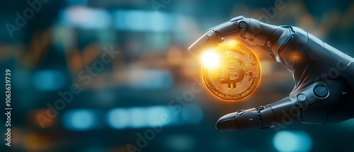 Futuristic robot hand holding a glowing cryptocurrency coin in a digital environment.