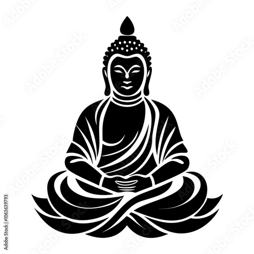 Buddha silhouette of meditating buddah statue. black and white flat style isolated buddha sitting in lotus position. Vector illustration