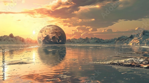 Enchanting Celestial Sphere Reflecting in Serene Lakefront Landscape at Dramatic Sunset