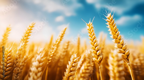 Golden wheat field under a bright blue sky with fluffy clouds, showcasing nature's beauty and agricultural bounty.