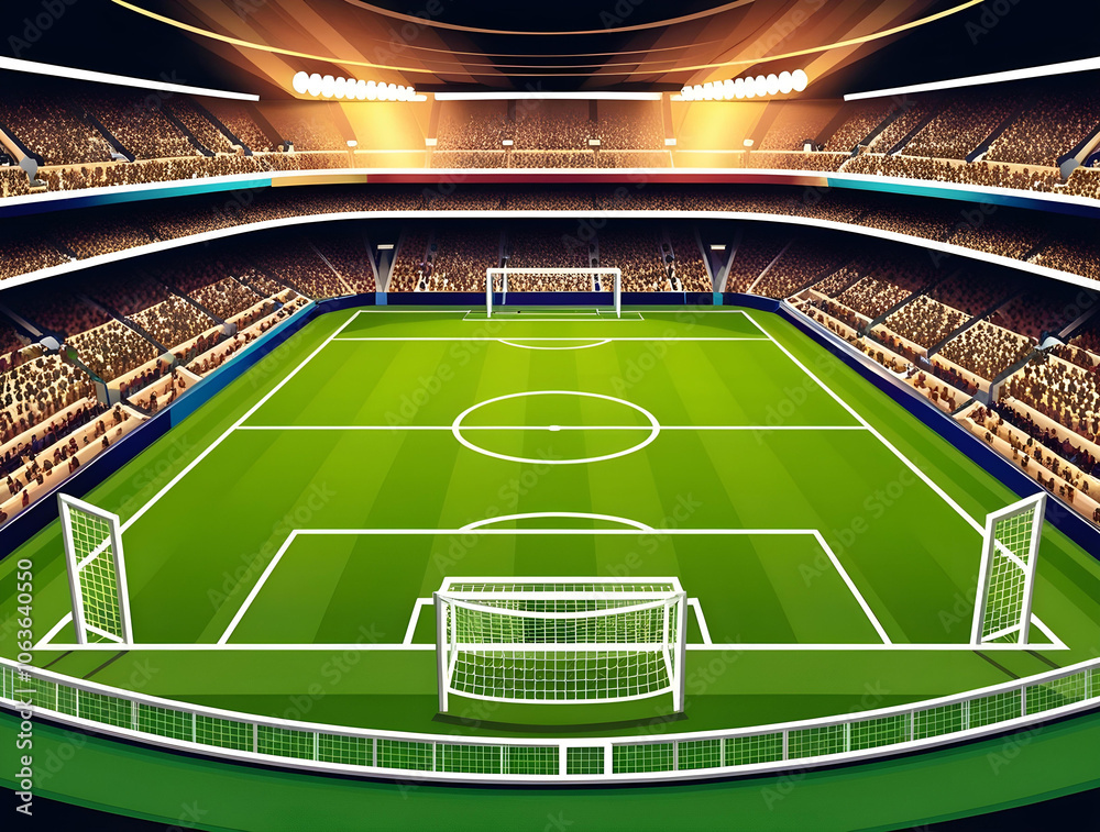 Fototapeta premium Empty Soccer Stadium with Green Field and Goal Nets