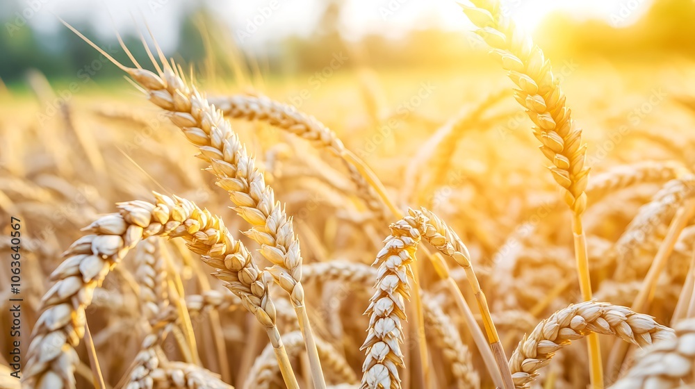 Naklejka premium A close-up view of golden wheat stalks illuminated by sunlight, showcasing agricultural beauty.