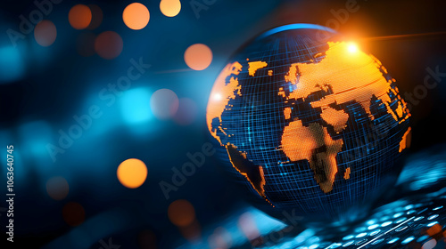 Illuminated globe with blue and orange tones on a digital background, symbolizing global connectivity. photo