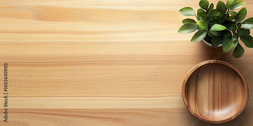 Light Wooden Table with Bowl and Green Plant – Top View Light Wooden Table with Bowl and Green Plant – Top View