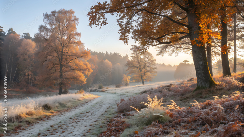Serene frosty path through autumn forest illuminated by morning light
Serene frosty path through autumn forest illuminated by morning light
