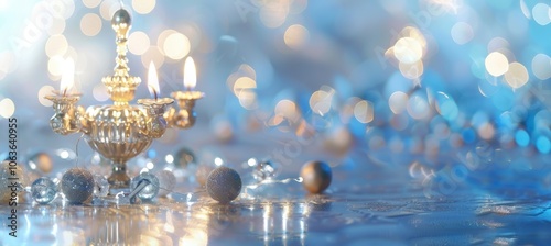 Elegant Hanukkah Banner with Silver Menorah and Soft Candlelight for Festive Decor photo