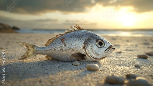 A dried up lagoon lake and a lot of dead small fish summer drought water pollution additionally Sand smelt Atherina boyeri. Copy space image. Place for adding text photo