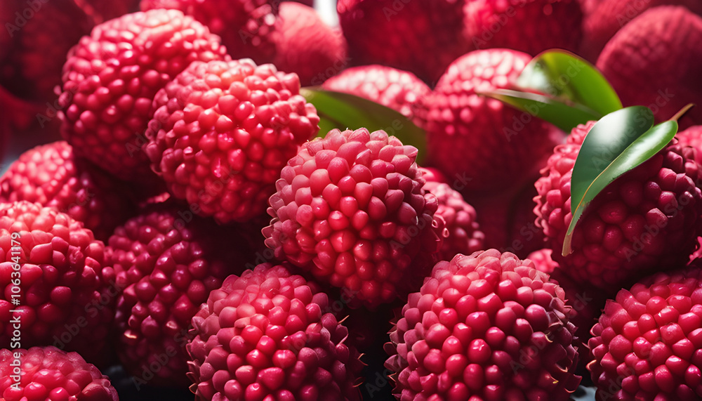 Close-up of a deep red lychee fruit, with small bumps on its skin, and shadows and reflections from studio lighting that enhance the contrast. Close-up of a deep red lychee fruit, with small bumps on its skin, and shadows and reflections from studio lighting that enhance the contrast.