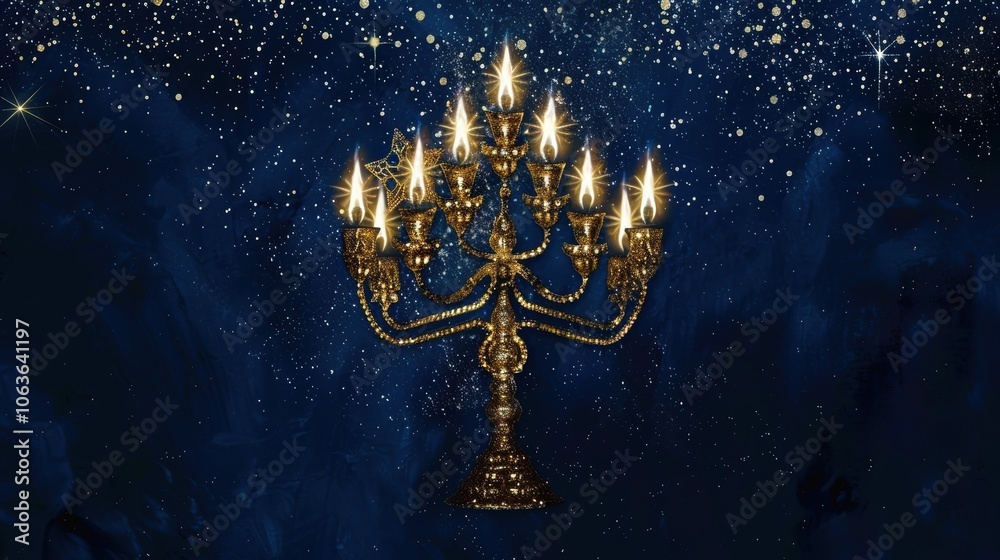 Fototapeta premium Luxurious Hanukkah Card Design with Gold Foil Menorah and Sparkling Stars on Velvet Background