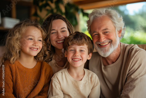 Happy Family Gathering with Grandfather, Mother, Son, and Daughter Smiling Together Indoors, Celebrating Love and Bonding.